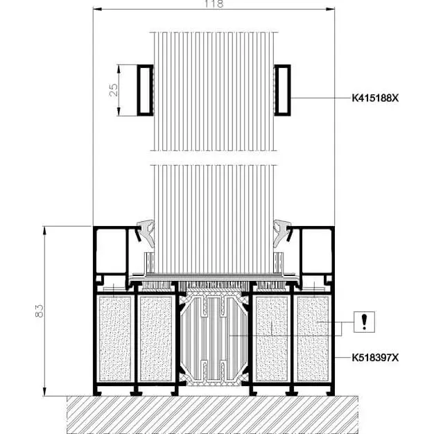 Technische tekening van het Aluprof MB-118EI brandwerende aluminium wandsysteem, EI120-geclassificeerd volgens Europese normen