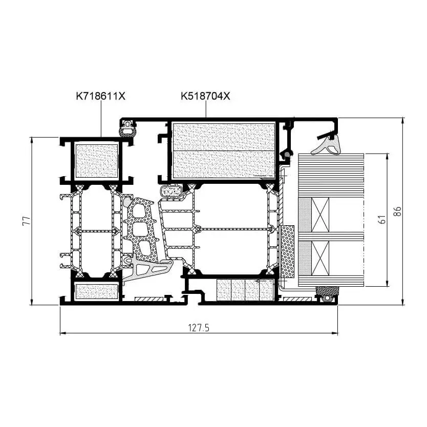 Technische doorsnede van het Aluprof MB-86 EI-profiel met afmetingen, isolatiekamers en vuurvaste elementen volgens EN 13501-2.