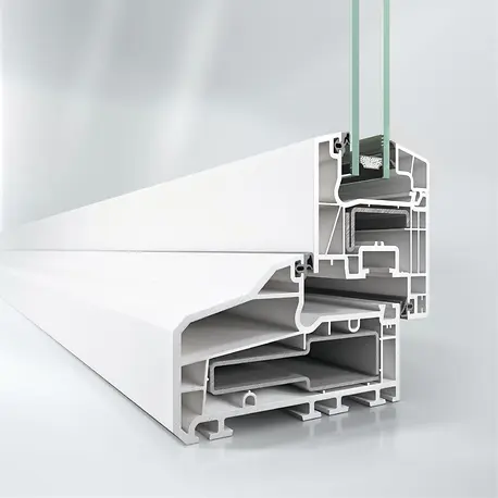 Profielafbeelding van het Schüco CT 70 Accent kunststof raamsysteem met markante buitencontour, houtlook en geïntegreerde aanslagdichting